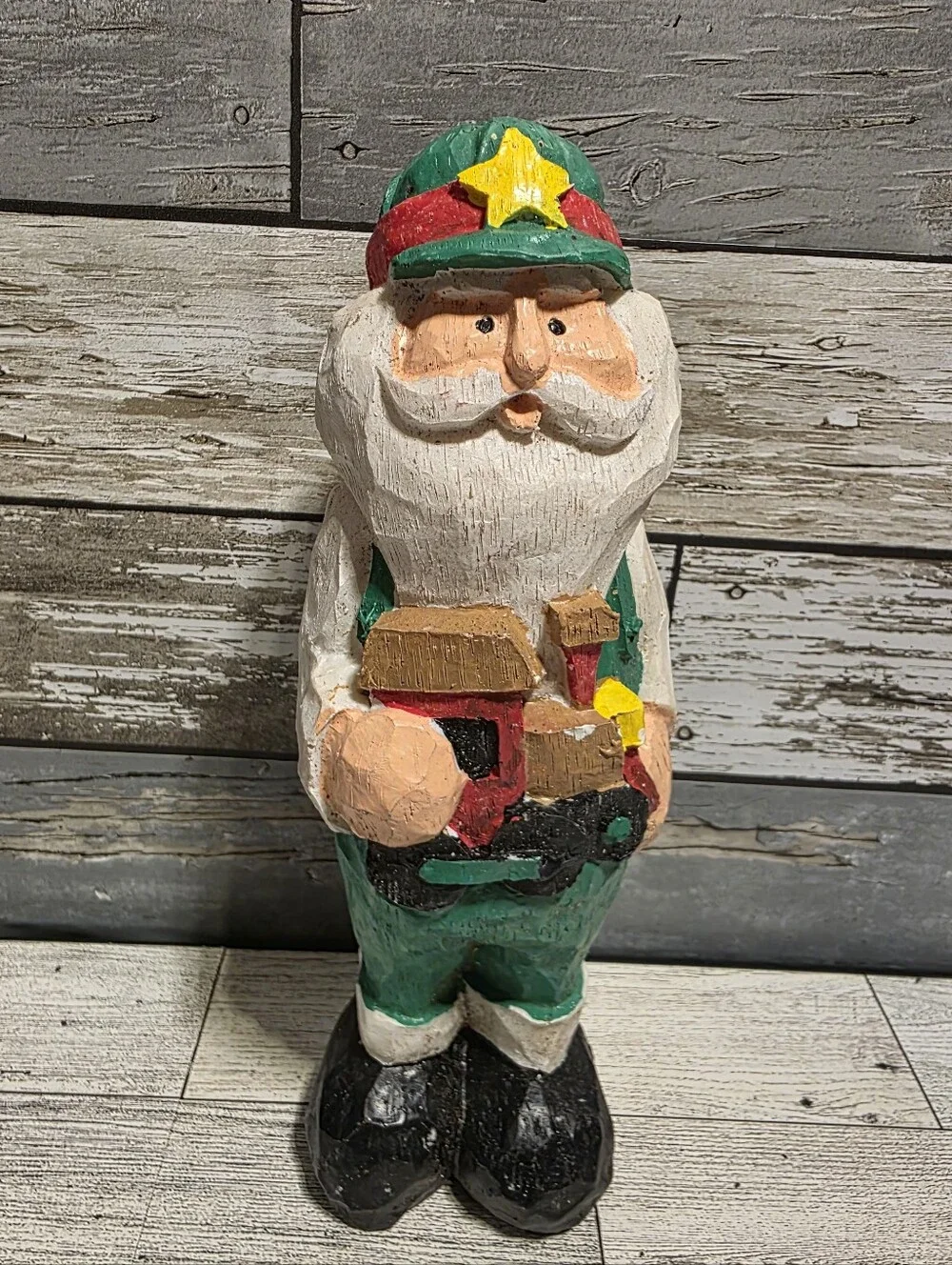 Festive Green Wood Santa Figurine Holiday Decor